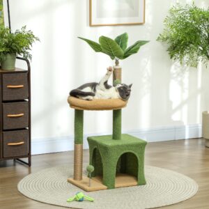 Kradsetræ 98 cm højt med hule, katteseng med bladdesign, jutestolper, 2 legebolde til katte under 5 kg