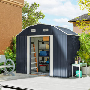 Stålredskabsskur 2,7m², UV-beskyttet haveskab, 2 skydedøre, hylde, fundament, mørkegrå, 238x132x198,5cm