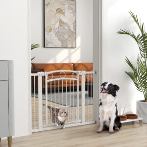 Sikkerhedslåge, 76-104 cm Trappegitter, Trappegitter Uden Boring, Trappegitter med Kattelåge, Låsbart Sikkerhedslåge, Til Mellemstore Hunde, Stål, Hvid