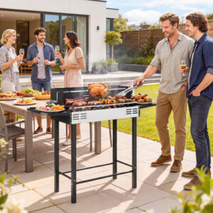 Kulgrill, justerbar grillrist, 1 rotisseriespyd, 118 x 32 x 90 cm, sort + sølv