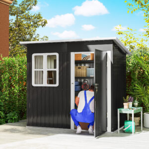 Haveskur 2,55m², haveskur med nedhængt tag, 221 x 133 x 190/173 cm, redskabsskur med aflåselig dør, vindue, cykelgarage, stålhaveskab, til baghaven, have, mørkegrå