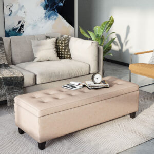 Sitzbank, Polsterbank mit Stauraum, Bettbank mit Deckel, Leinenoptik, Truhenbank, Aufbewahrungsbank für Wohnzimmer, Schlafzimmer, Beige