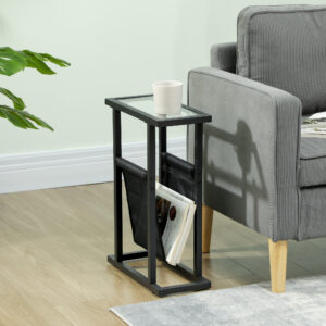 Sidebord Sofabord med Stofpose, Metalstel, Sofabord med Glasplade, Natbord til Stue, Soveværelse, Sort, 40 x 18 x 55,5 cm