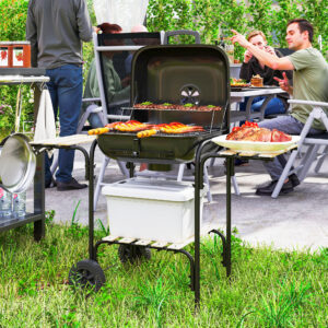 Kulgrill af stål, grillvogn med aflåseligt låg, grillrist, hjul, håndtag, træhylde, 98 x 54 x 91 cm, sort