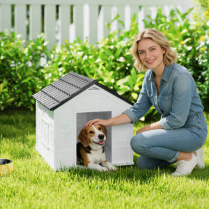 Hundehus, Hundehus med Gadeltag, Vejrbestandigt Smådyrshus til Mellemstore Hunde Under 20 kg, Udendørs Hundehus, 65 x 75,7 x 63 cm, Grå