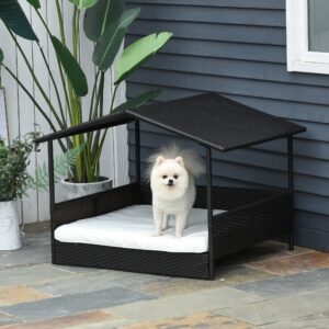 Rattan Hundehus med Hynde, 98 x 69 x 73 cm, Hundeseng i Husform, Udendørs Hundehus Lavet af Stålramme, PP, Kaffebrun