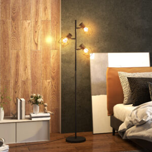 Gulvlampe, Gulvlampe med 3 E27-fatninger, 40 W Gulvlampe med 3 justerbare flammer, til Stue, Højde 169 cm, Metal, Pære medfølger ikke, Sort