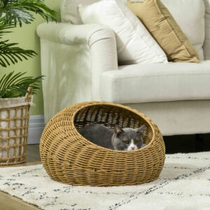 Rattan Kattekurv Kattehus med Hynde til Katte op til 4 kg, Indendørs Kattehule Lavet af PE-Rattan, Ø50 x 31 cm, Lysebrun til Hyggelige Retreats