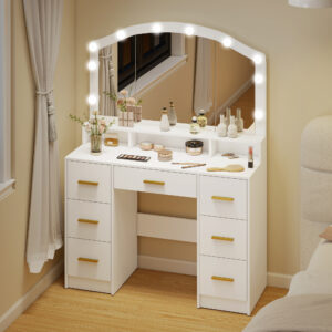 Toiletbord med 10 LED Hollywood-lamper, spejl, 7 skuffer, 3 rum, MDF, hvid