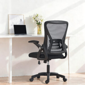 Ergonomisk højdejusterbar kontorstol med opklappelige armlæn og lændestøtte, sort