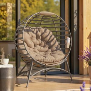 Papasan Stol Havestol 2 Kurve Hynde Oval Loungestol Sammenklappelig Balkon Terrasse Sandbrun Stål 118x75x139cm