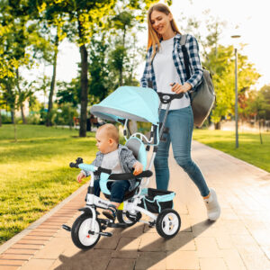 6-i-1 trehjulet cykel med skubbehåndtag, børnetrehjulet cykel med aftagelig solskærm, løbecykel med 5-punktssele, kurv, kopholder, til 1-5 år gamle børn, grøn