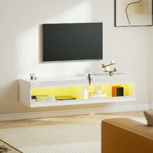 TV-skab, hængende TV-bord med RGB LED-belysning i 16 farver, TV-bord med åben opbevaring, til 55-60 tommer TV, til stue, soveværelse, 140 x 40 x 30 cm, højglans hvid