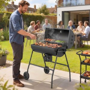 Metalkulgrill BBQ-ryger med låg, termometer, hjul, grillvogn, 95x71,5x102 cm, sort