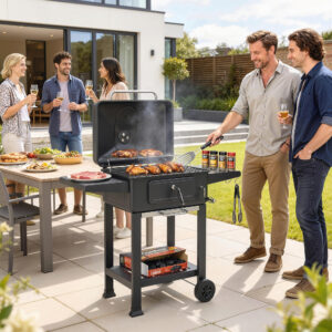 Kulgrill BBQ-ryger med låg, termometer, højdejusterbar kulpande, grillrist, sidebord, askeskuffe