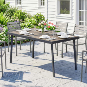 Havebord balkonbord 145 x 85 cm spisebord til 6 personer med trælook og stålramme grå til have og terrasse