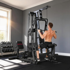 Power rack fitnessstation med lat pulldown, butterfly bar, 65 kg vægte, reb op til 120 kg