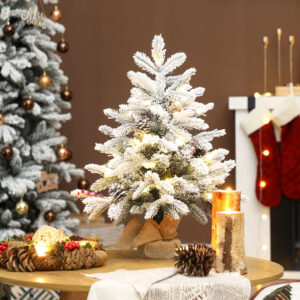 Mini 60 cm juletræ med 35 LED-lys, sneeffekt, mini bordtræ med kogler, kunstigt juletræ til juledekoration, hvid
