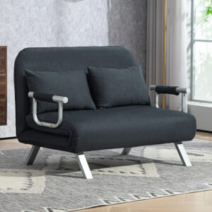 Sovesofa med justerbar ryglæn, pude, 2-personers sofa med sovefunktion, fløjlslook, armlæn, sofa til stue, soveværelse, sort