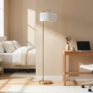 Gulvlampe E27 Fod Gulvlampe til Stue Soveværelse Kontor, Metal Stål Hør Guld Hvid 47x37x153 cm