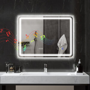Badeværelsesspejl med LED-belysning, antidugpude, 3 justerbare farver, ur, 600 x 800 mm, sølvfarvet