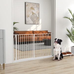 Hundedørsbarrier, længdejusterbar 75-145 cm, montering uden boring, stålramme, hvid