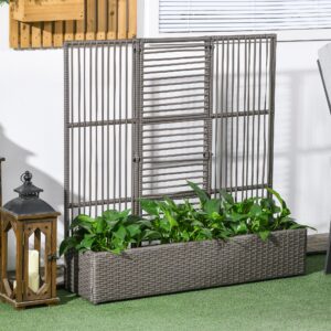 Blomsterkasse med espalier, vejrbestandig, polyrattan, 103 x 29 x 103 cm, grå