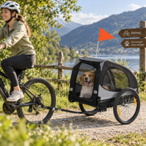 Hundetrailer op til 20 kg til mellemstore hunde, med netvinduer, sikkerhedsline, 140 x 71 x 83 cm, Oxfordstof, sort