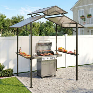 Grillpavillon med flammehæmmende tag, grillpavillon med 2 hylder, 2,5 x 1,5 m, stål PC, sort+brun
