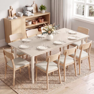 Spisebord til 8 personer, moderne køkkenbord med massive træben, 180 cm, cremefarvet