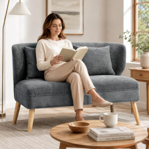 2-personers sofa, lille chenillesofa med ryglæn, tykt sæde, gummitræfødder, grå