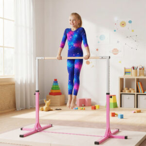 Gymnastikstang, 13-niveauers højdejusterbar vandret stang, træ- og robust stålkonstruktion, belastningskapacitet op til 75 kg, til børn fra 3 år, indendørs, udendørs, lyserød