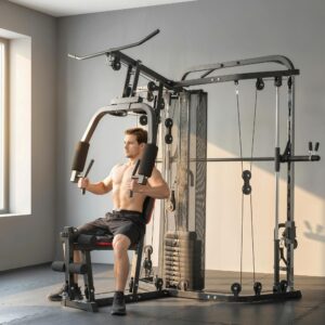 Power rack fitnessstation med 65 kg vægte, lat pulldown, butterfly bar, justerbar preacher bænk, bentræner
