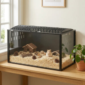 Stort hamsterbur 105 x 51 x 53 cm, gnaverbur i stål og akryl med hængslet kuppellåg og dyb bundbakke