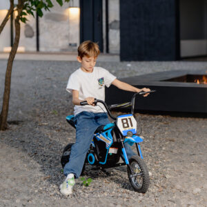 Elmotorcykel til børn, 24V børnemotocross med 250W motor, 7Ah batteri, baghjulsophæng, skivebremse, 16 km/t, 8-12 år