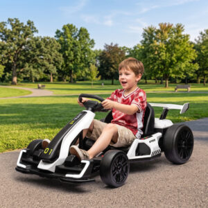 4V elektrisk gokart til børn, op til 12 km/t, gokart med driftfunktion, 2 motorer, justerbart sæde, blød start