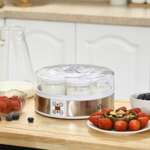 Yoghurt Maker Yoghurtmaskine, inklusive 7 glas, rustfrit stål, 24 cm x 24 cm x 13 cm, sølv + hvid
