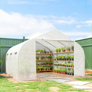 Polytunnel Drivhus 4,45x2,99x2,05m UV-beskyttende tomathus, netvindue, vindtæt, metal, hvid