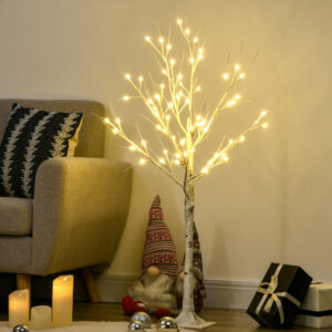 Kunstigt træ, kunstig birk, med LED-belysning, varm hvid, realistisk hvid bark, 17L x 17B x 120H cm