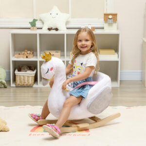 Gyngedyr, svanegynge med vuggevise, blødt fyld, træramme, til børn 1,5-3 år, 65x40x68 cm, hvid