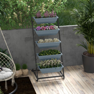 Plantestativ blomsterstativ med 5 niveauer og hjul, plantehylde med huller plantetrappe til haven lavet af stål i grå