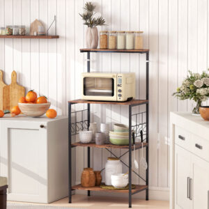 Køkkenhylde, 4-lags design, bordplade, 8 kroge, metalrør, brun+sort