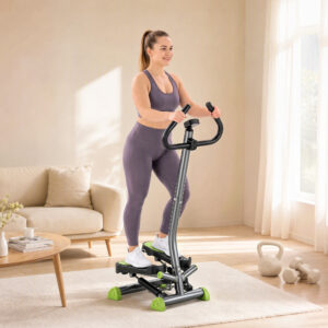 Home Trainer Stepper Fitness Swing Stepper med LCD-display og håndtag op til 100 kg, stål ABS, grå og grøn, kompakt 55 x 44 x 108 cm