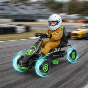Gokart Børnekøretøj med Justerbart Sæde og Gummidæk, Pedal & Håndbremse, Alder 5+, Grøn-Sort til Udendørs Eventyr