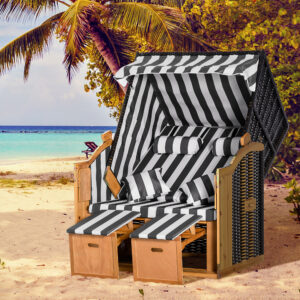 Beach Chair Dobbelt Loungestol med Tag og Kopholder, 5-niveau Ryglæn, PE Rattan Grå Hvid, 118x79x160cm til Have og Terrasse