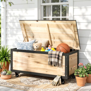 Garden Box Træopbevaringskasse 121L Opbevaringskasse med Hjul, Vejrbestandig Opbevaringskasse til Altan, Terrasse, Naturlig