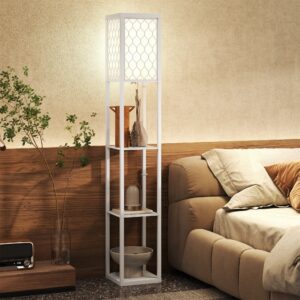 Gulvlampe med hylde, 3 rum, kompakte mål, MDF, hvid
