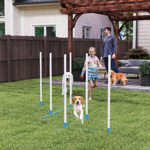 Slalomstave til Hunde, Agility Træningssæt til Kæledyr med 600D Polyester Taske, Hvid Blå, 305 x 60 x 94 cm til Hundesport