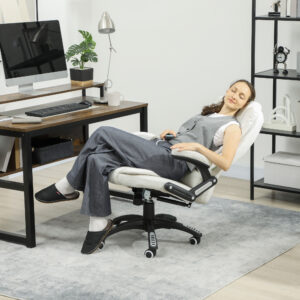 Kontorstol med vibrationsmassage, ergonomisk skrivebordsstol med varme- og lænefunktion, højdejusterbar lederstol med fjernbetjening, sidelomme, linnedlook, cremehvid