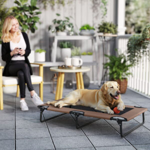 Forhøjet Hundeseng, Sammenklappelig Hundeseng, Udendørs Hundeliggestol med Netdesign, Åndbar, Til Store Hunde, Kaffe Oxford 107 x 61 x 20 cm